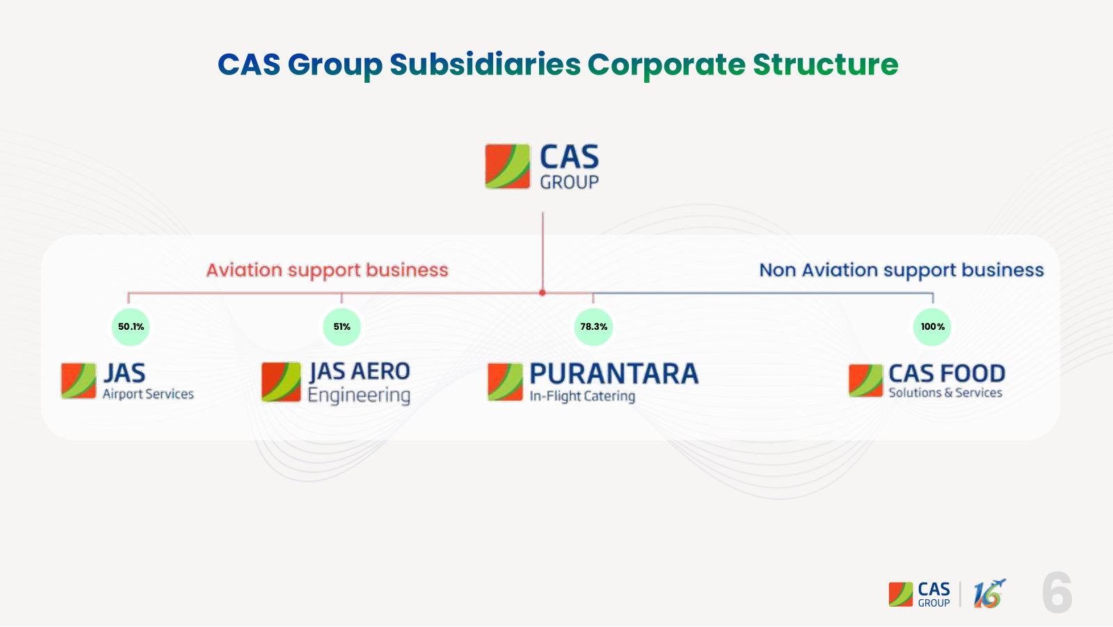 The four operating subsidiaries and CAS's stake in each — JAS is consolidated at 50.1%, so minority interests are large.