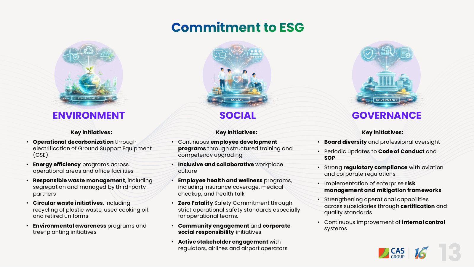 The ESG agenda, including electrification of ground support equipment — the main decarbonisation lever a ground handler has.